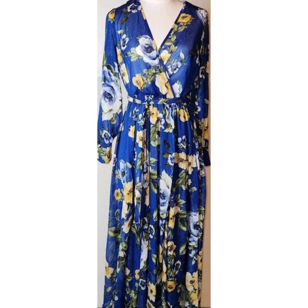 Alexa B Nites Floral Maxi‎ Dress Long Sleeve V Neck Blue Yellow Size 4